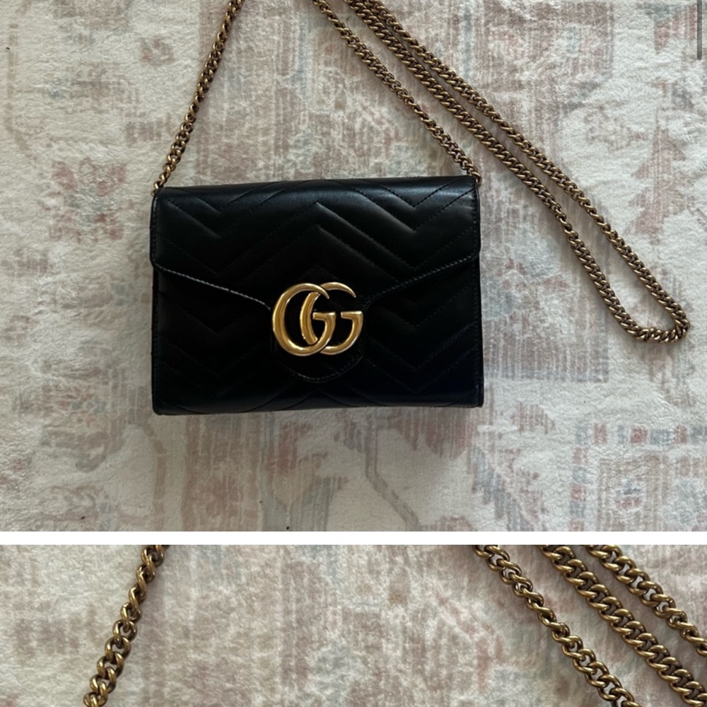 Black Quilted Leather Bag with Gold Chain
